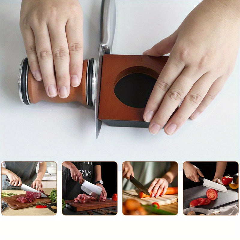 Wooden Knife Sharpener with Angle Guide Stainless Steel Honing Tool Non-Slip Base