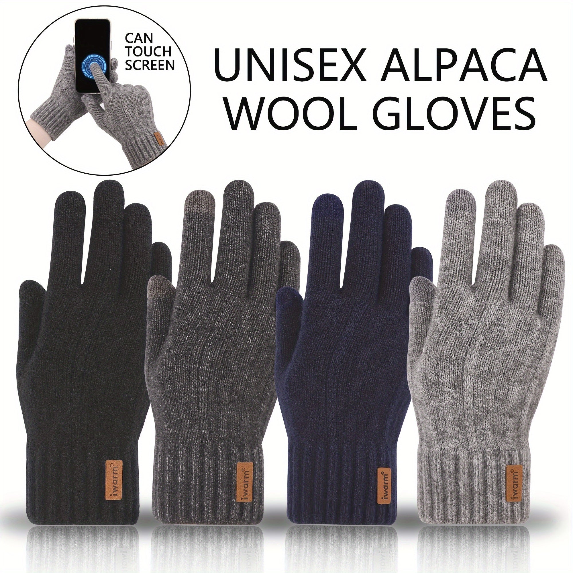 Alpaca Fleece Touchscreen Gloves Warm Ribbed Knit Cold-Resistant for Winter Men Women