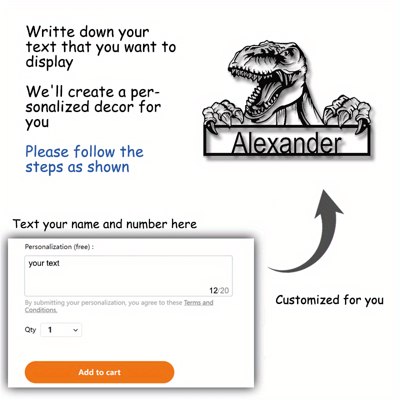 Personalized T-Rex Iron Wall Art Sign Metal Decor for Dinosaur Fans