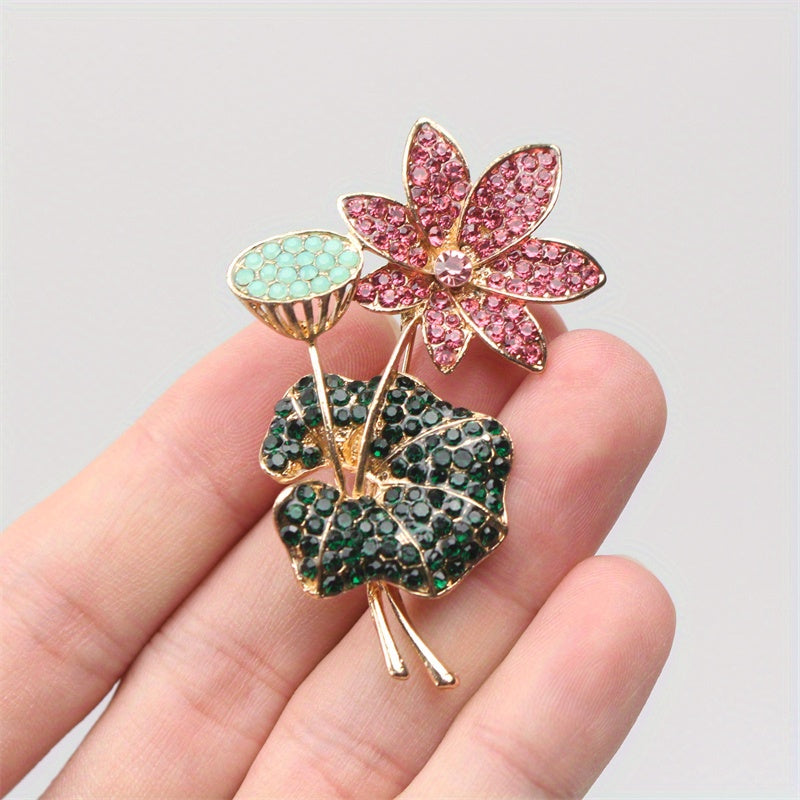 Elegant Rhinestone Enamel Brooch Pin Floral Lotus Leaf Jewelry for Women