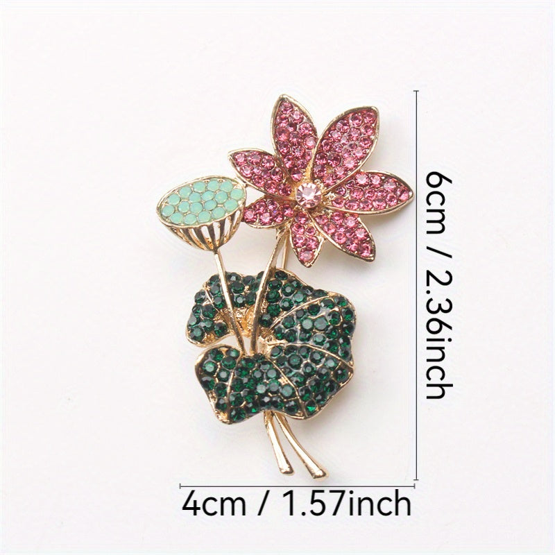 Elegant Rhinestone Enamel Brooch Pin Floral Lotus Leaf Jewelry for Women
