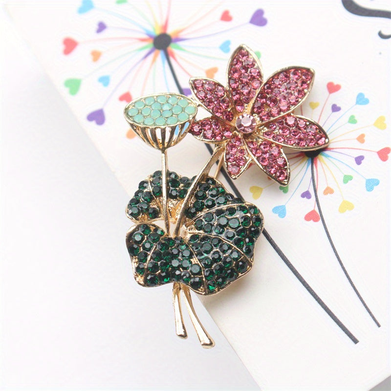 Elegant Rhinestone Enamel Brooch Pin Floral Lotus Leaf Jewelry for Women