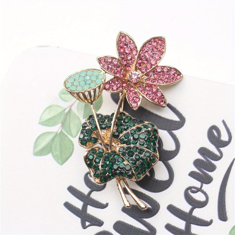 Elegant Rhinestone Enamel Brooch Pin Floral Lotus Leaf Jewelry for Women