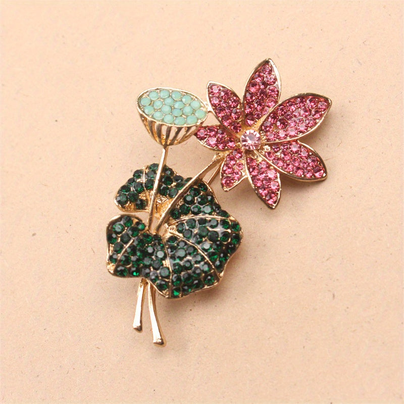 Elegant Rhinestone Enamel Brooch Pin Floral Lotus Leaf Jewelry for Women
