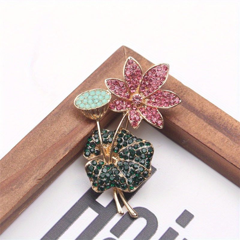 Elegant Rhinestone Enamel Brooch Pin Floral Lotus Leaf Jewelry for Women