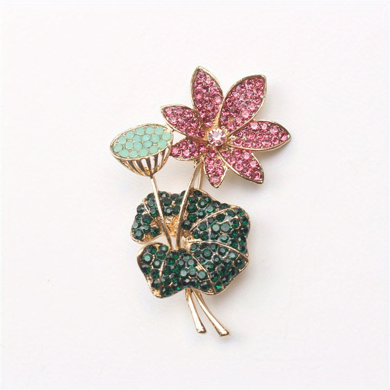 Elegant Rhinestone Enamel Brooch Pin Floral Lotus Leaf Jewelry for Women