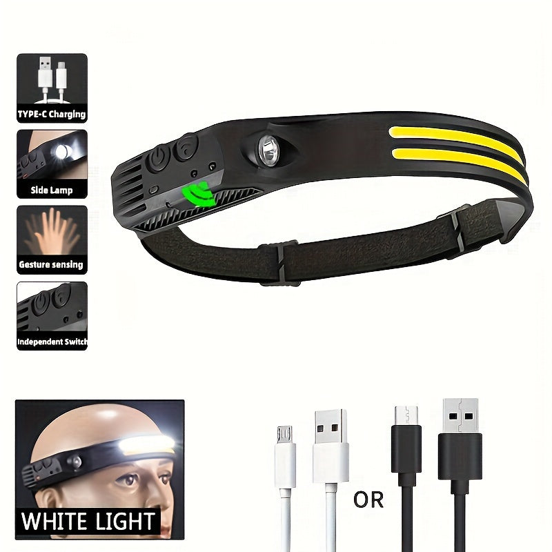 Rechargeable LED Headlamp with Dual COB Light USB Charging for Outdoor Activities