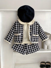 Children's Two-Piece Outfit with Checkered Shirt Jacket and Shorts for Spring and Autumn