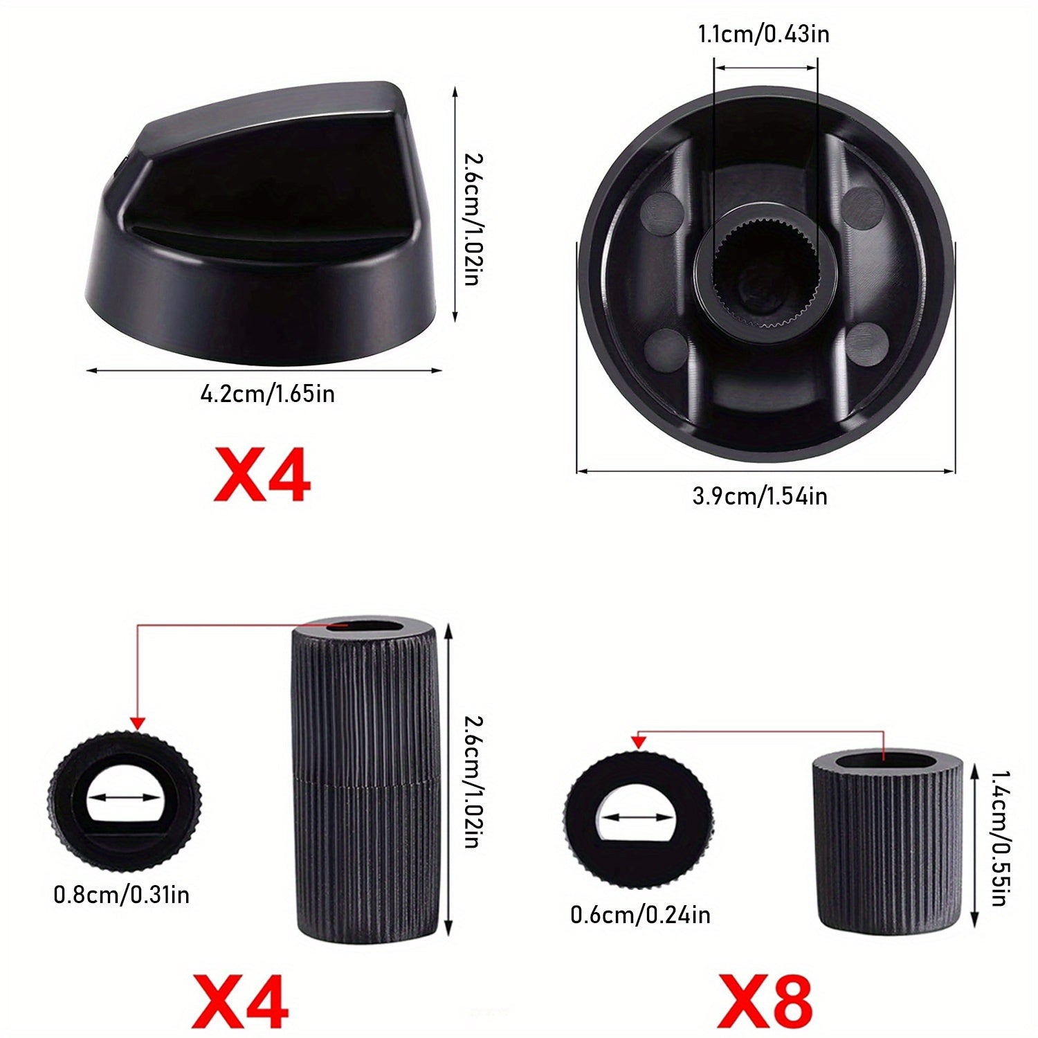 Набор из четырех универсальных черных регуляторов для обновлений 2024 года, совместим с различными плитами, варочными панелями и духовками, подходит для автодомов, кемперов и туристического снаряжения.