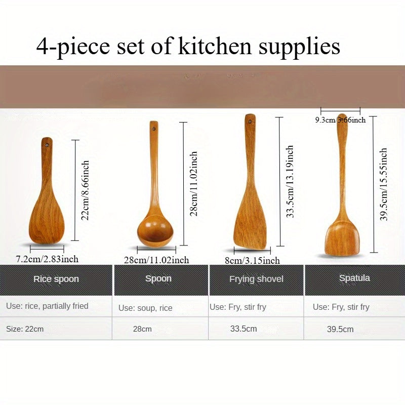 Set of 4 Wooden Kitchen Utensils Non-Stick Spatulas Soup Ladle Long Handle