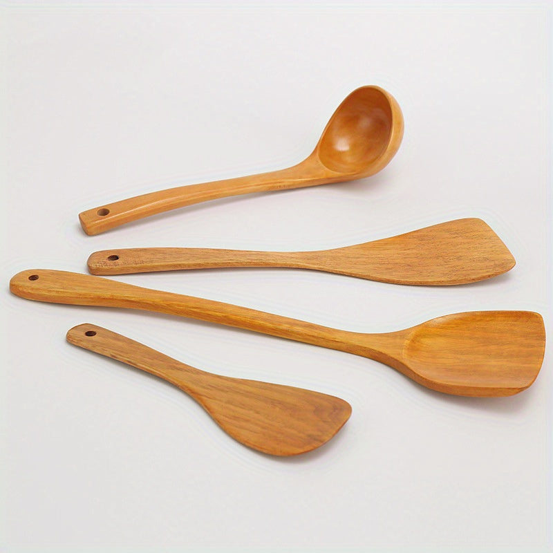 Set of 4 Wooden Kitchen Utensils Non-Stick Spatulas Soup Ladle Long Handle