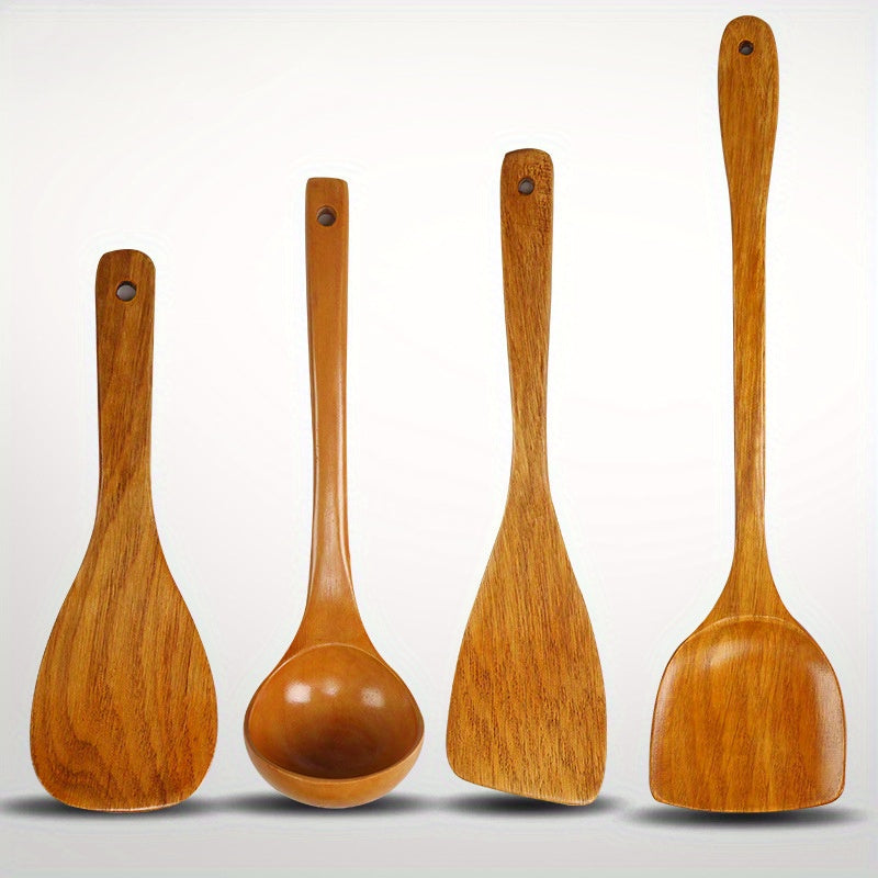 Set of 4 Wooden Kitchen Utensils Non-Stick Spatulas Soup Ladle Long Handle