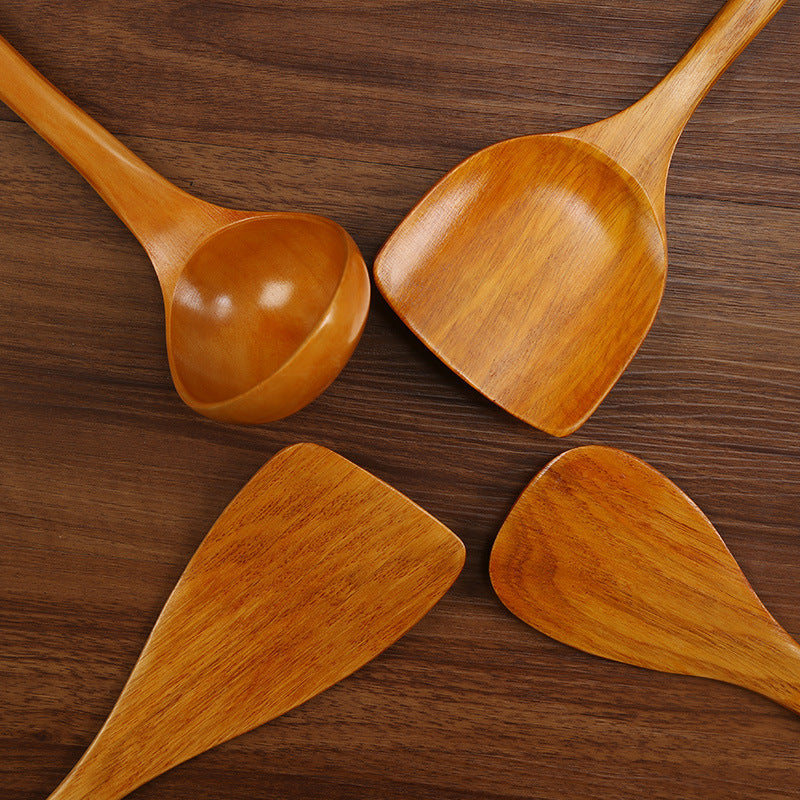 Set of 4 Wooden Kitchen Utensils Non-Stick Spatulas Soup Ladle Long Handle