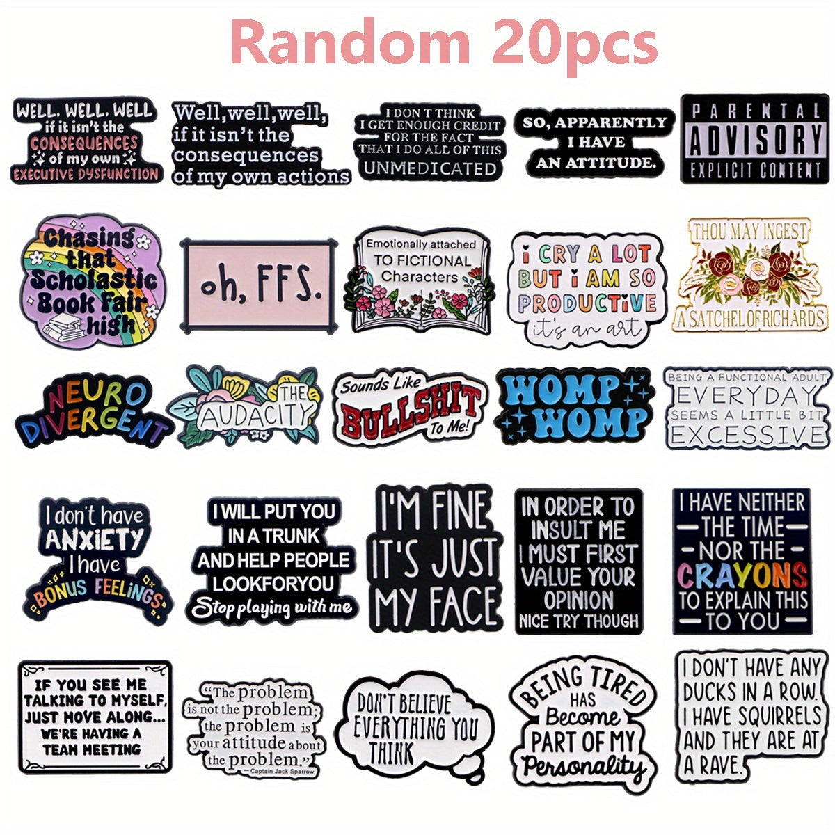 Set of 20 Inspirational Quote Enamel Pins for Clothing Bags and Accessories