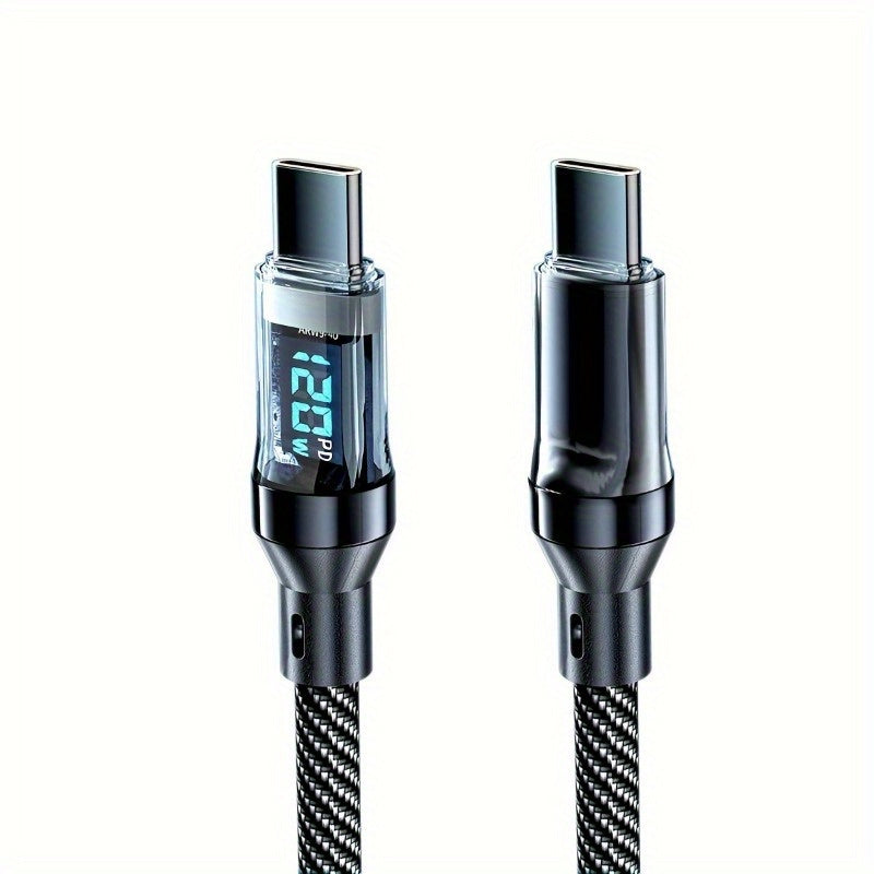 120W USB-C Fast Charging Cable with LCD Power Display Nylon Flat Matte