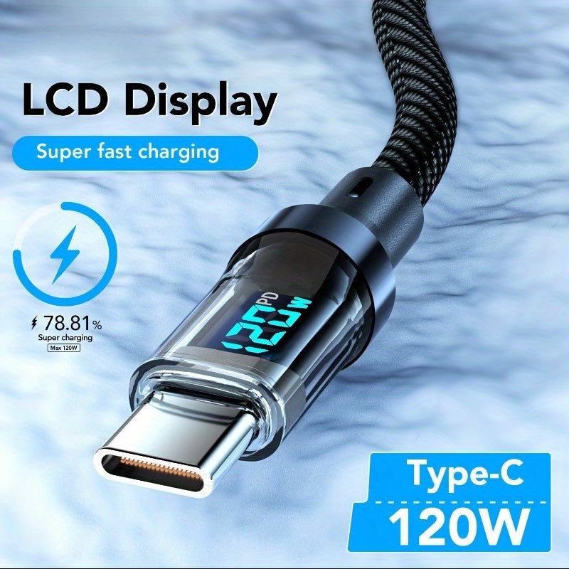 120W USB-C Fast Charging Cable with LCD Power Display Nylon Flat Matte