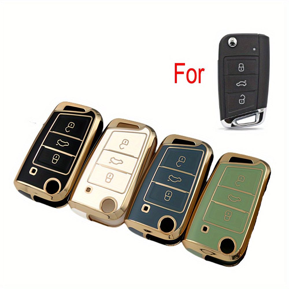 Soft TPU Car Key Case Cover for 3-Button Fob, Gold, Compatible with VW and Skoda