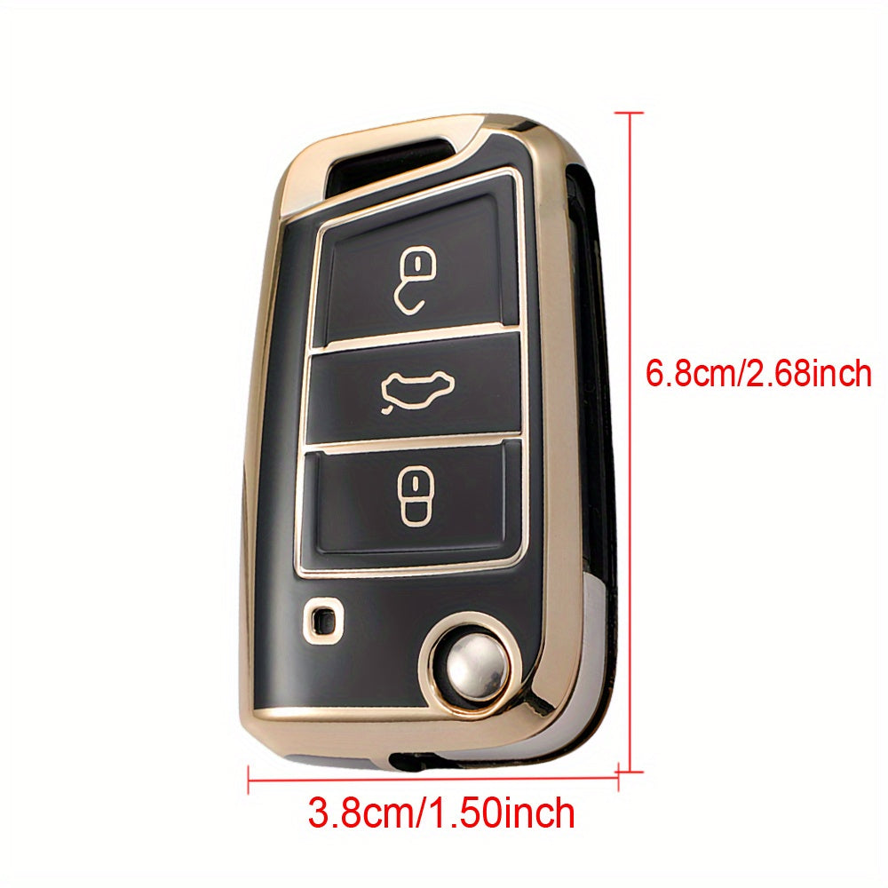 Soft TPU Car Key Case Cover for 3-Button Fob, Gold, Compatible with VW and Skoda