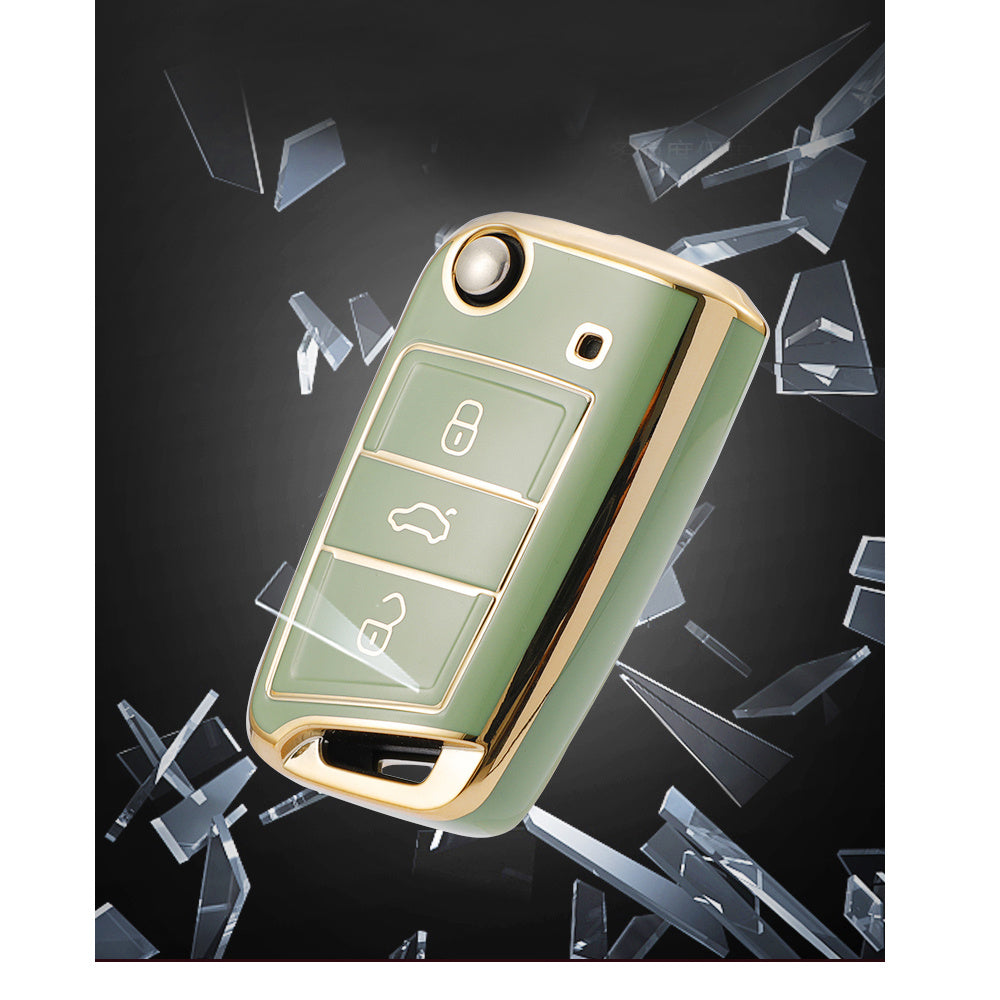 Soft TPU Car Key Case Cover for 3-Button Fob, Gold, Compatible with VW and Skoda
