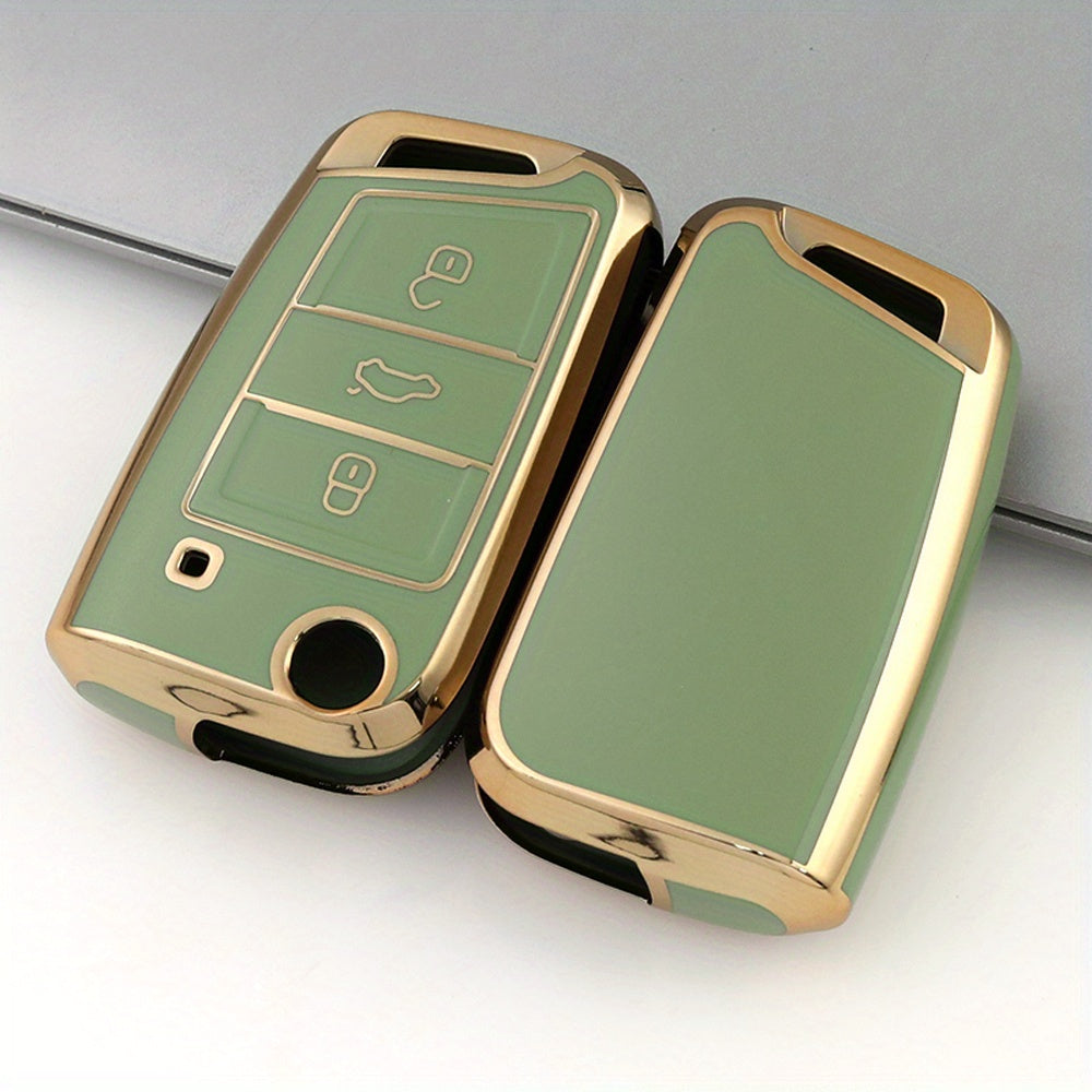 Soft TPU Car Key Case Cover for 3-Button Fob, Gold, Compatible with VW and Skoda