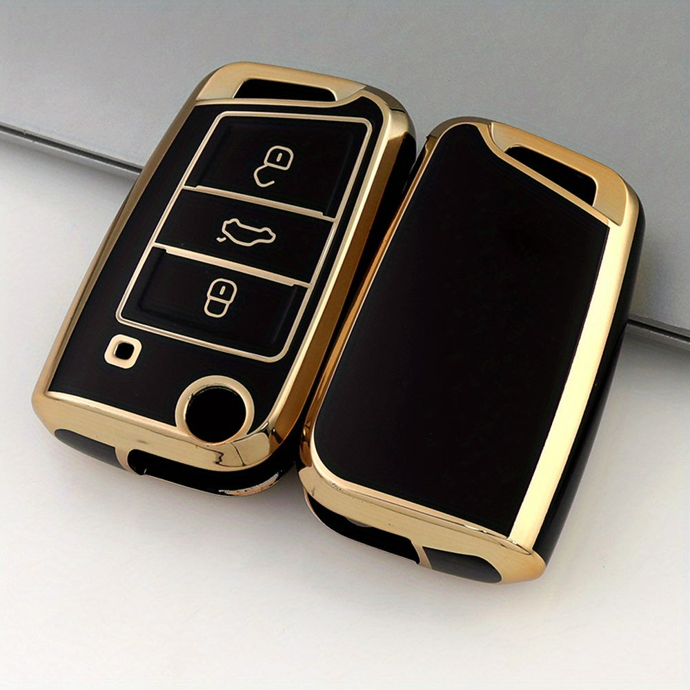 Soft TPU Car Key Case Cover for 3-Button Fob, Gold, Compatible with VW and Skoda