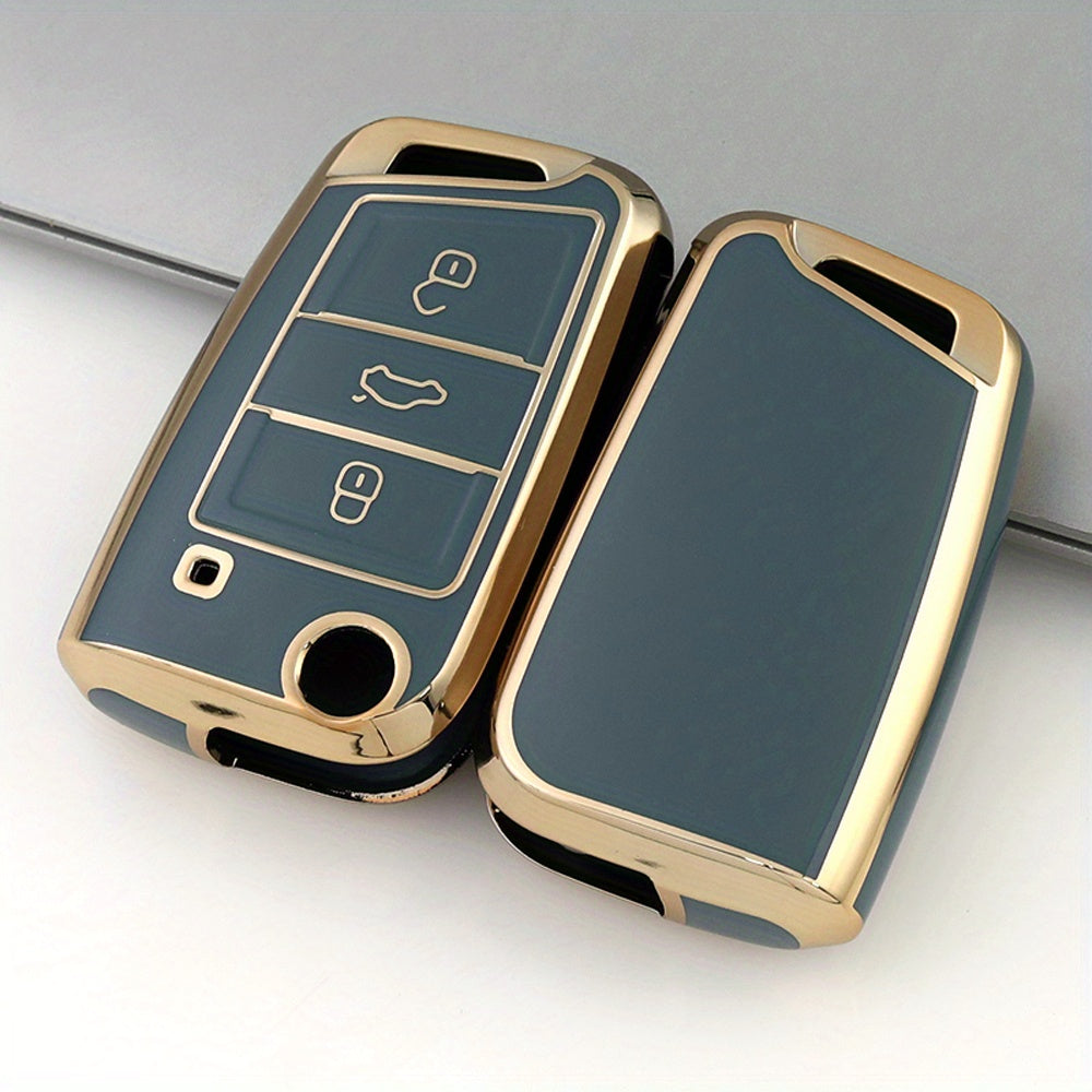 Soft TPU Car Key Case Cover for 3-Button Fob, Gold, Compatible with VW and Skoda