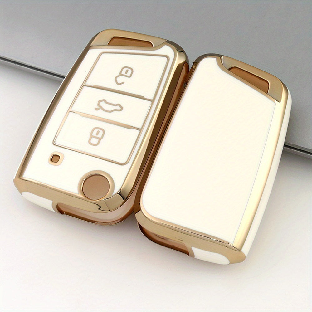 Soft TPU Car Key Case Cover for 3-Button Fob, Gold, Compatible with VW and Skoda