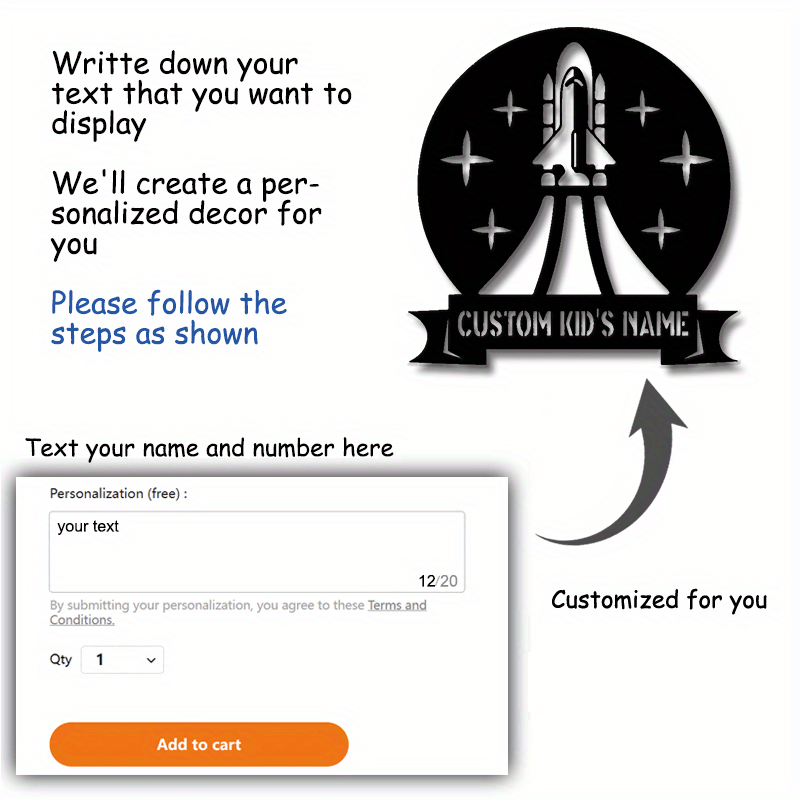 Kids Space Rocket Metal Wall Art Personalized Bedroom Decor for Boys