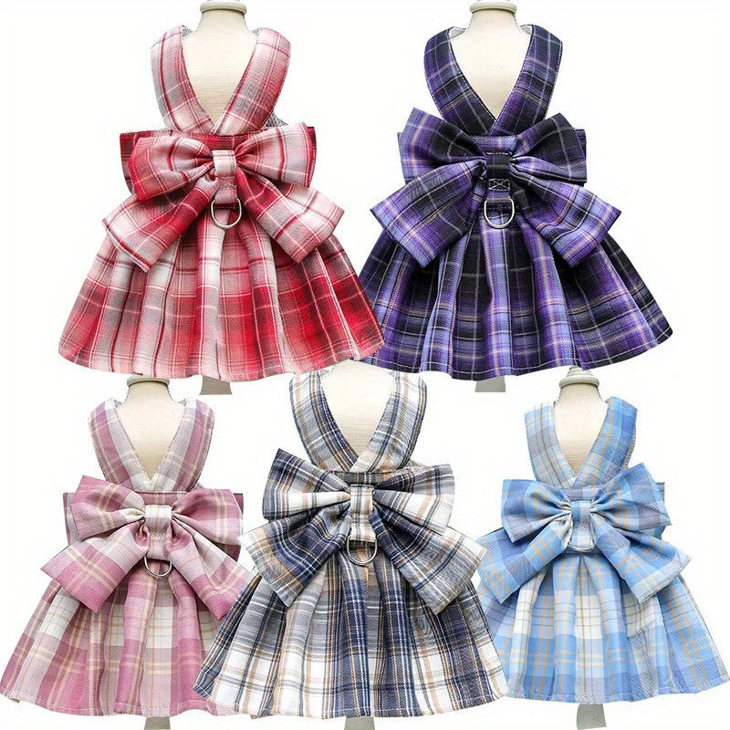 Plaid Puppy Skirt Harness and Leash Set for Small to Medium Dogs Polyester Woven Dog Harness