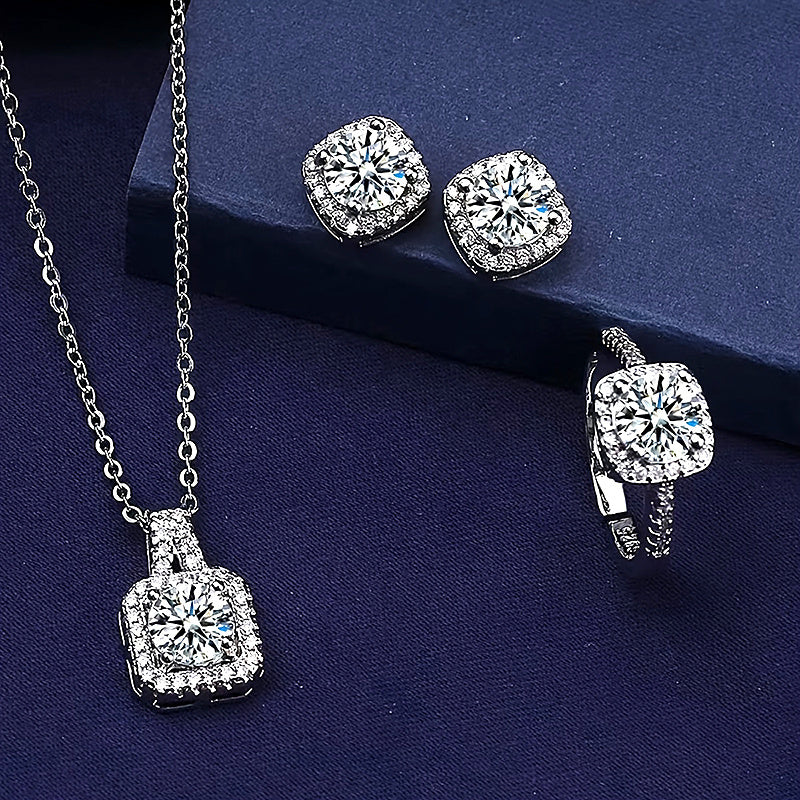 4-Piece Rhinestone Jewelry Set for Women and Teens Necklace Earrings Ring White Alloy
