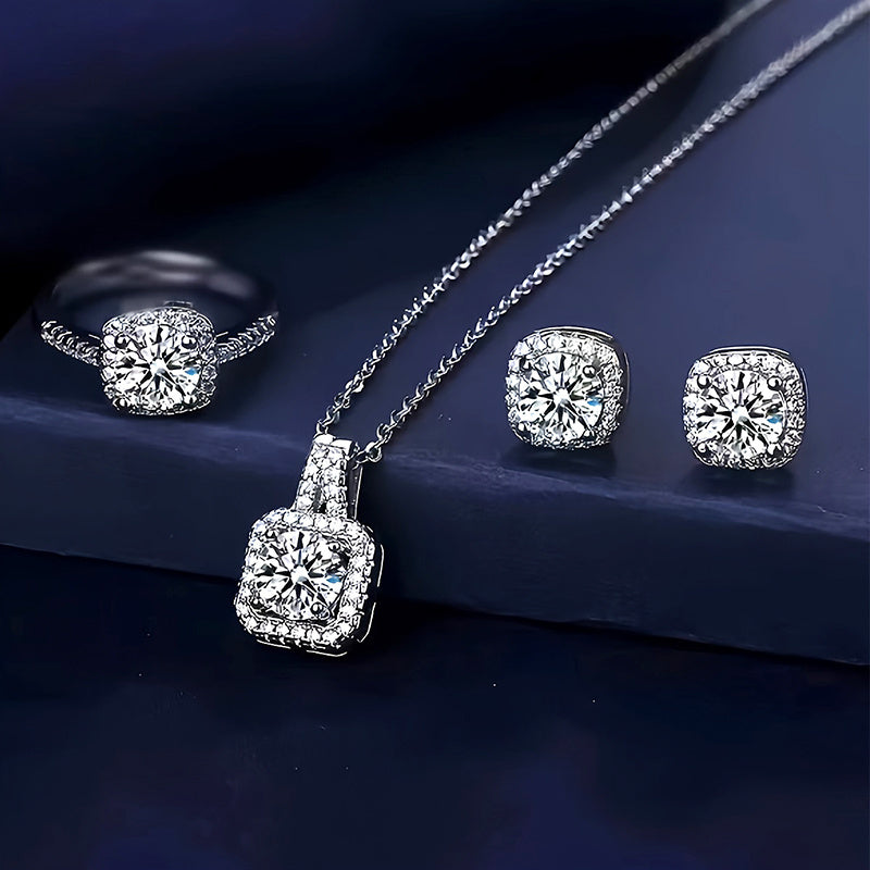 4-Piece Rhinestone Jewelry Set for Women and Teens Necklace Earrings Ring White Alloy