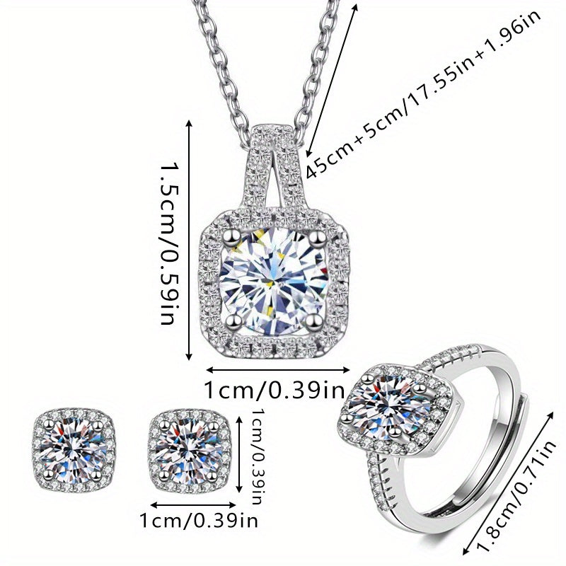 4-Piece Rhinestone Jewelry Set for Women and Teens Necklace Earrings Ring White Alloy