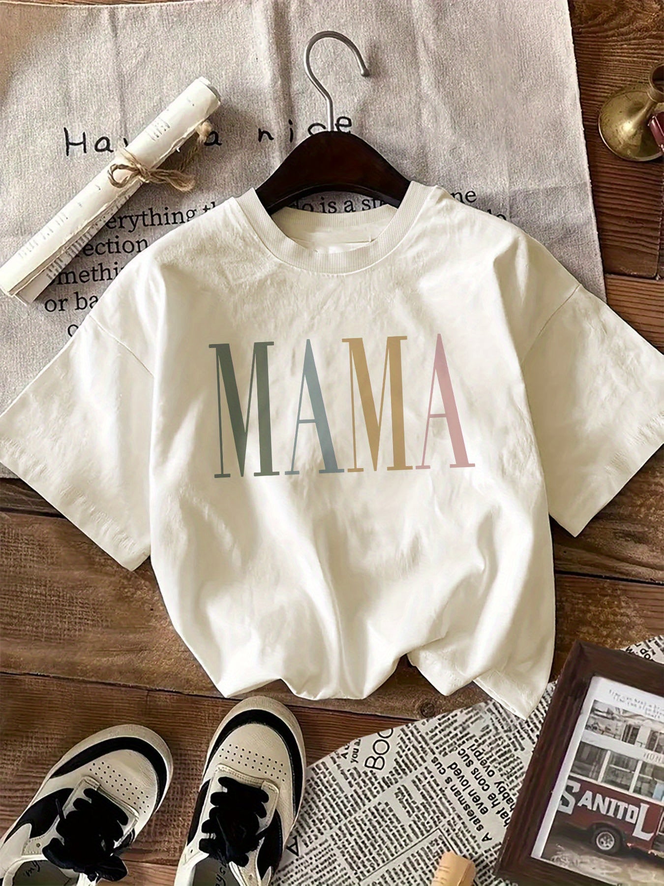 Women's Letter Print Cotton T-Shirt Short Sleeve Crew Neck Casual Top for Summer Spring