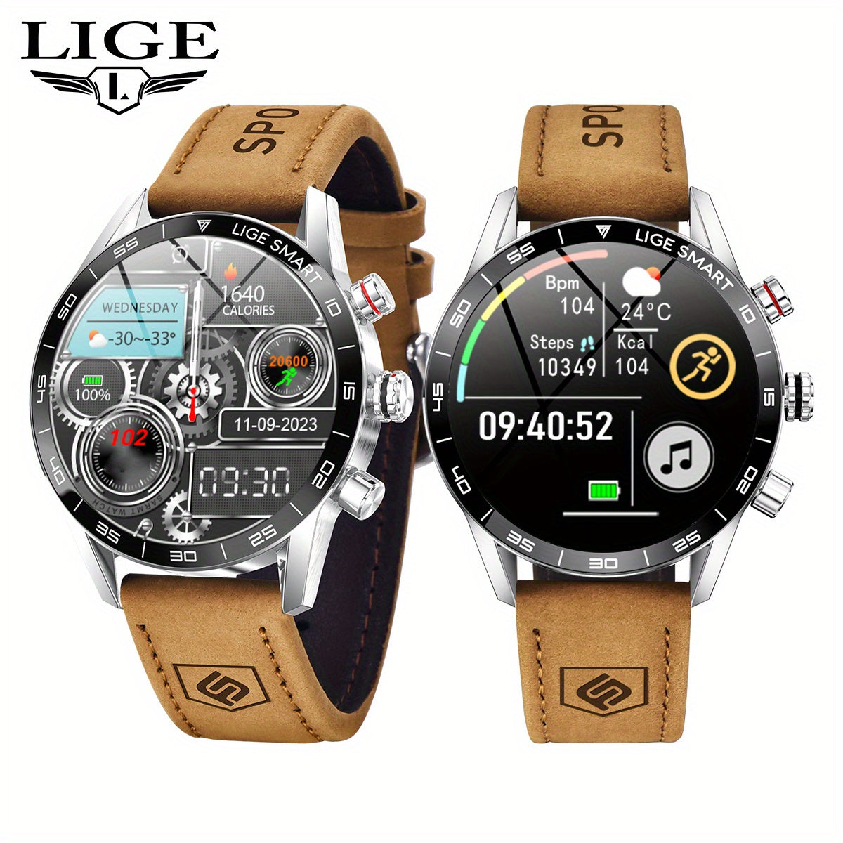 Men's Business Smart Watch Digital Display Water-Resistant USB Charging Zinc Alloy Round Case