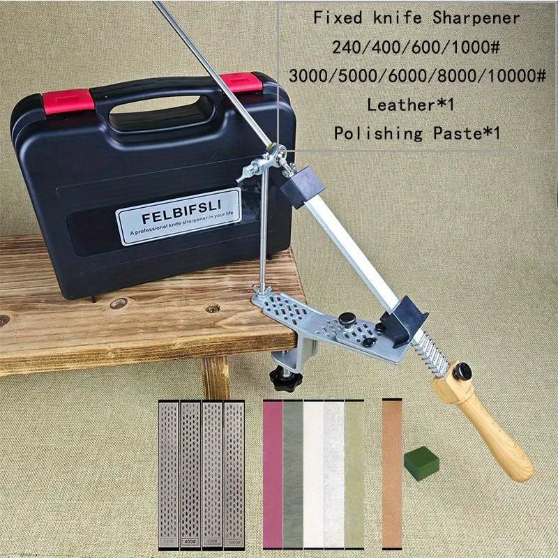 Oshxona va yog'och ishlash uchun statik burchakli pichoqni silliqlash asbobi, qutida honing olmos maydalagich, silliqlash toshi va moy toshi bilan.