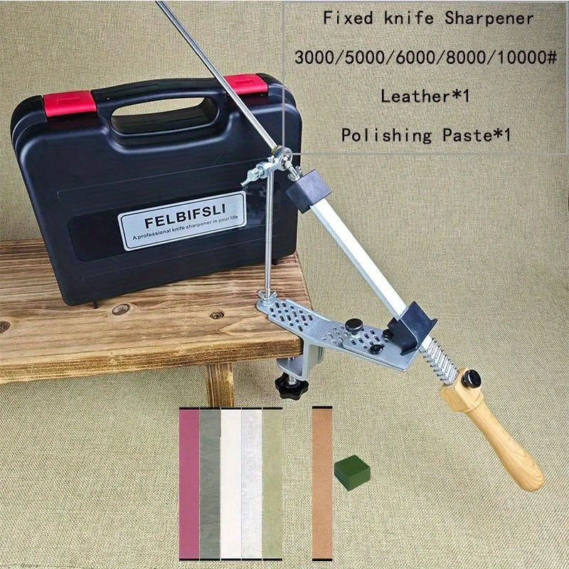 Oshxona va yog'och ishlash uchun statik burchakli pichoqni silliqlash asbobi, qutida honing olmos maydalagich, silliqlash toshi va moy toshi bilan.