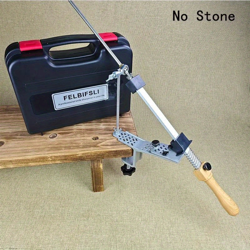 Oshxona va yog'och ishlash uchun statik burchakli pichoqni silliqlash asbobi, qutida honing olmos maydalagich, silliqlash toshi va moy toshi bilan.