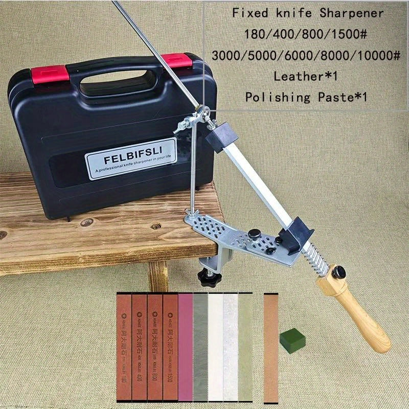 Oshxona va yog'och ishlash uchun statik burchakli pichoqni silliqlash asbobi, qutida honing olmos maydalagich, silliqlash toshi va moy toshi bilan.