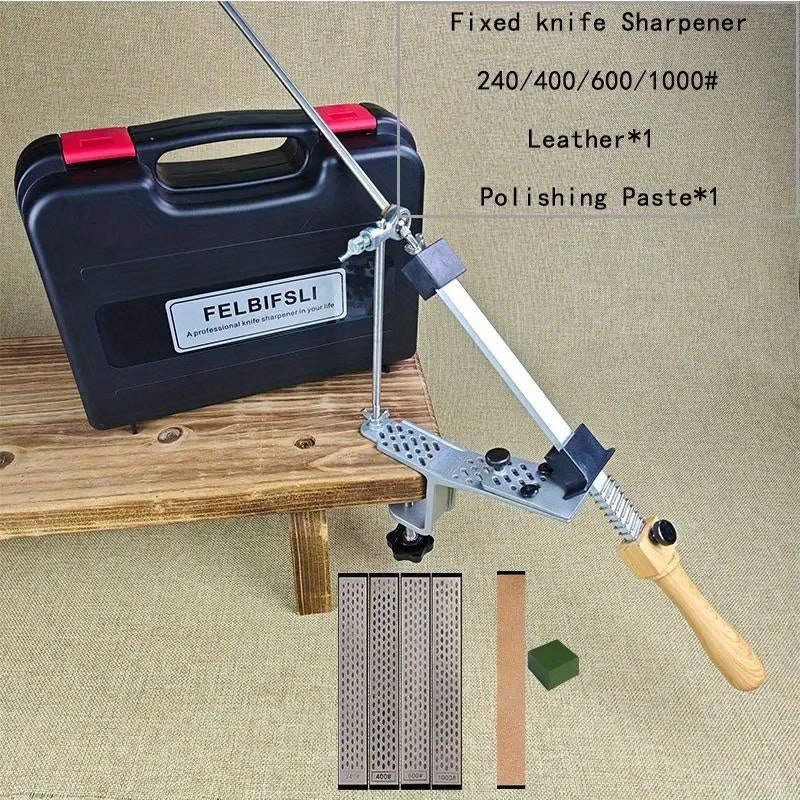 Oshxona va yog'och ishlash uchun statik burchakli pichoqni silliqlash asbobi, qutida honing olmos maydalagich, silliqlash toshi va moy toshi bilan.