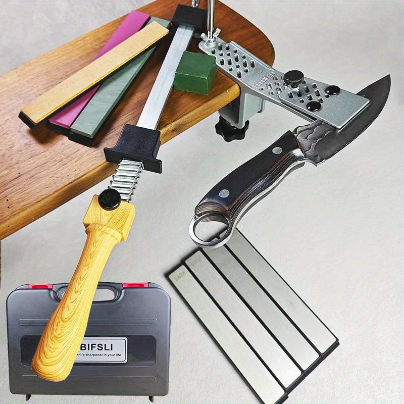 Oshxona va yog'och ishlash uchun statik burchakli pichoqni silliqlash asbobi, qutida honing olmos maydalagich, silliqlash toshi va moy toshi bilan.