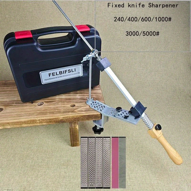 Oshxona va yog'och ishlash uchun statik burchakli pichoqni silliqlash asbobi, qutida honing olmos maydalagich, silliqlash toshi va moy toshi bilan.