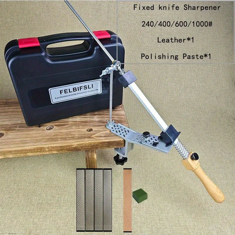 Oshxona va yog'och ishlash uchun statik burchakli pichoqni silliqlash asbobi, qutida honing olmos maydalagich, silliqlash toshi va moy toshi bilan.