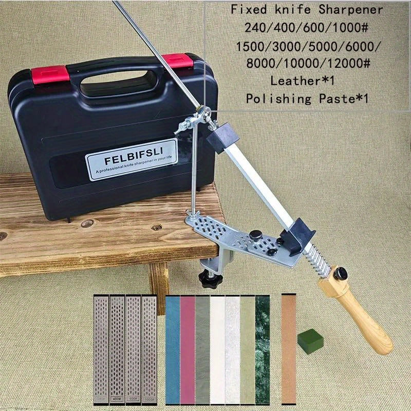 Oshxona va yog'och ishlash uchun statik burchakli pichoqni silliqlash asbobi, qutida honing olmos maydalagich, silliqlash toshi va moy toshi bilan.