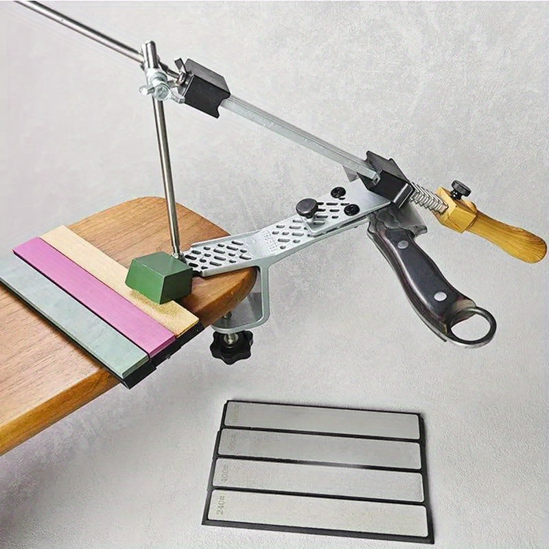 Oshxona va yog'och ishlash uchun statik burchakli pichoqni silliqlash asbobi, qutida honing olmos maydalagich, silliqlash toshi va moy toshi bilan.