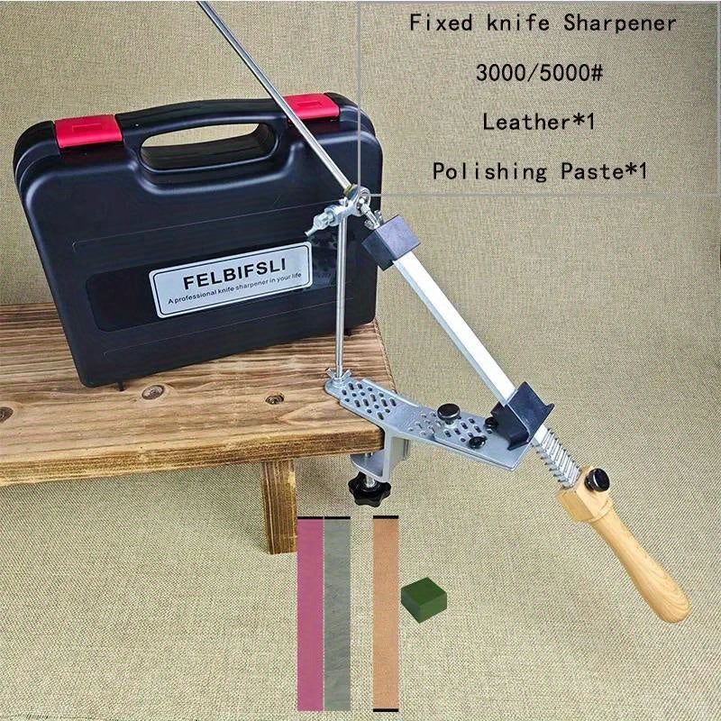 Oshxona va yog'och ishlash uchun statik burchakli pichoqni silliqlash asbobi, qutida honing olmos maydalagich, silliqlash toshi va moy toshi bilan.