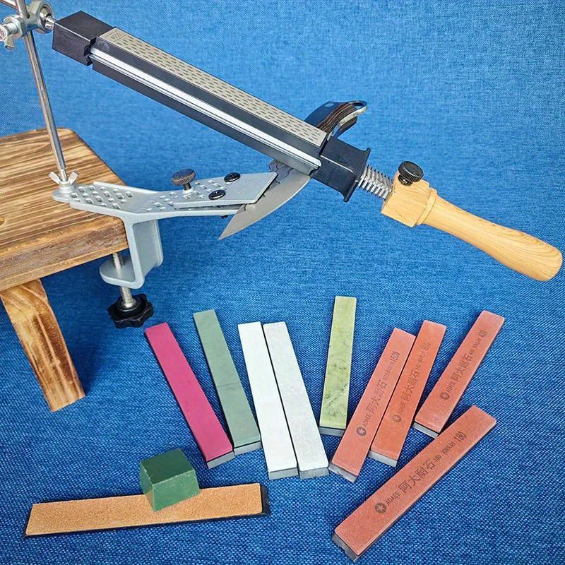 Oshxona va yog'och ishlash uchun statik burchakli pichoqni silliqlash asbobi, qutida honing olmos maydalagich, silliqlash toshi va moy toshi bilan.