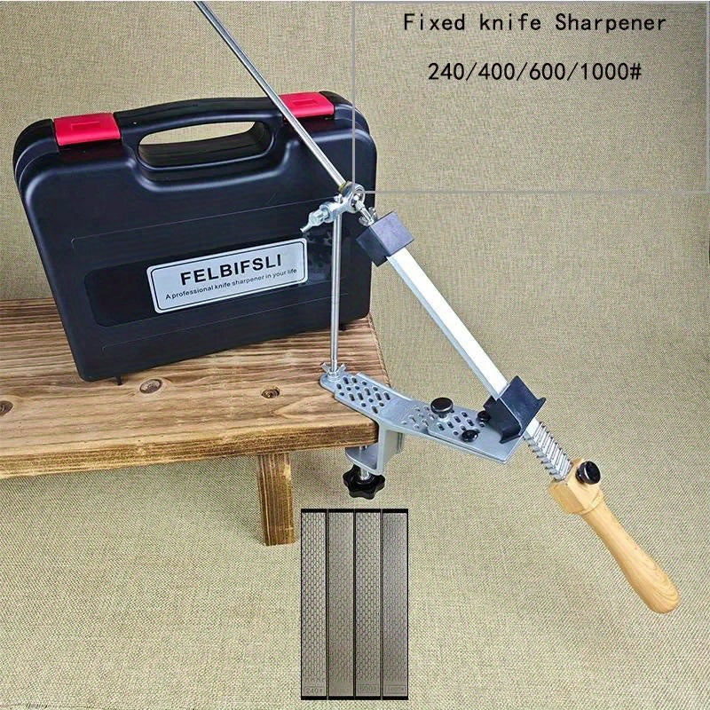 Oshxona va yog'och ishlash uchun statik burchakli pichoqni silliqlash asbobi, qutida honing olmos maydalagich, silliqlash toshi va moy toshi bilan.