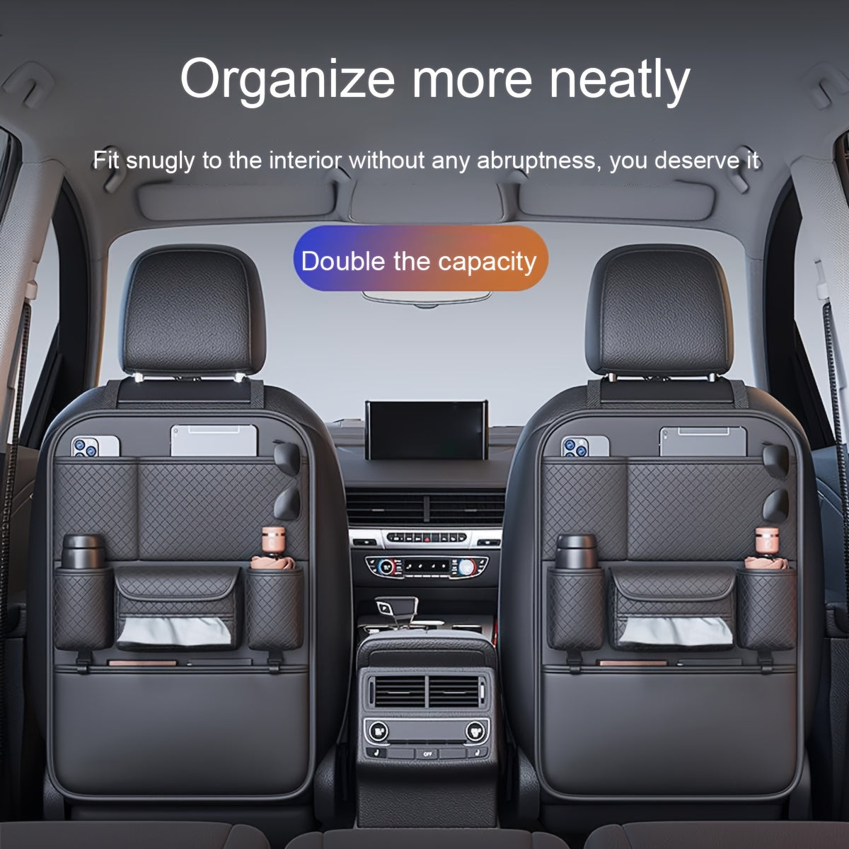 Quilted Car Seat Back Organizer Multi-Functional Storage Bag Black