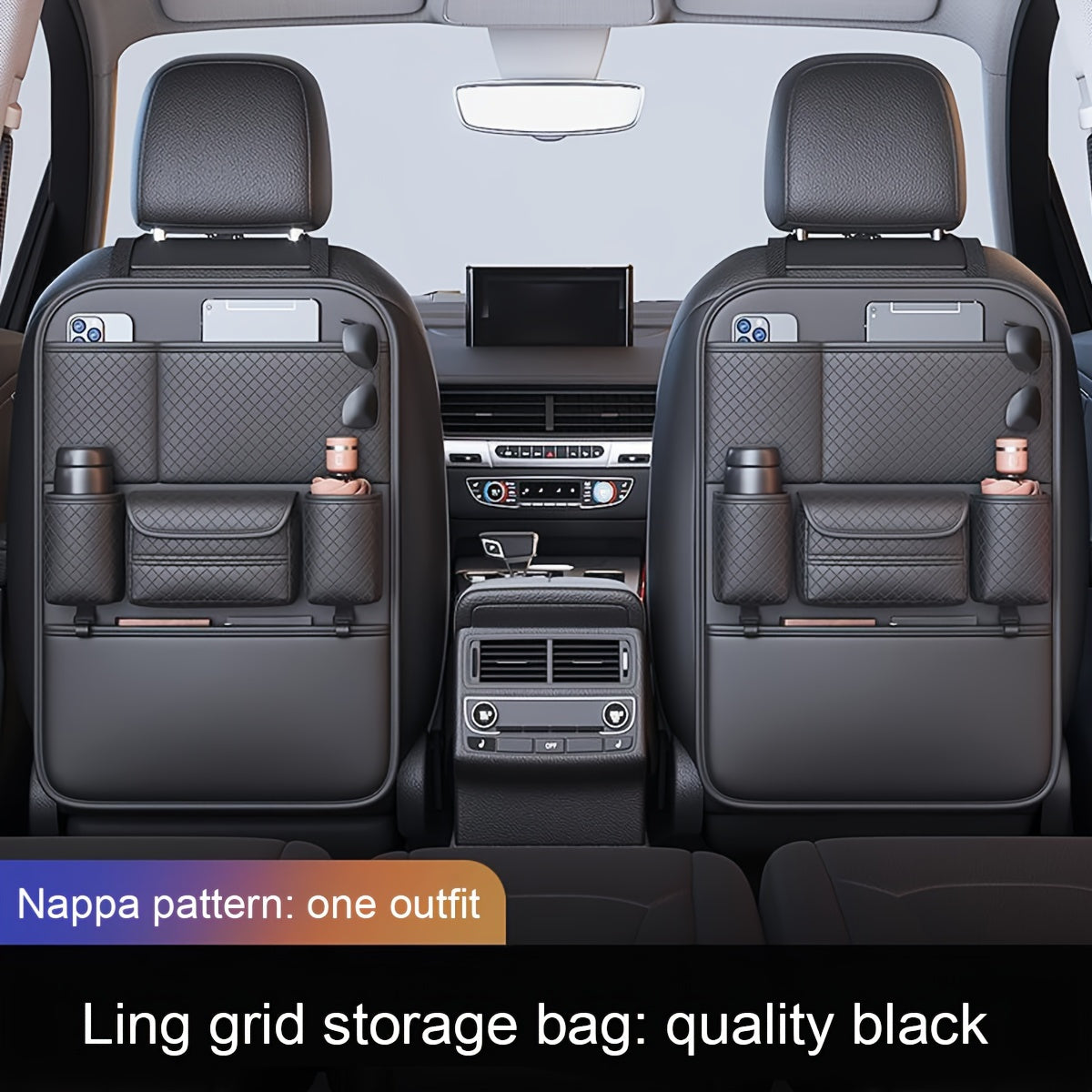 Quilted Car Seat Back Organizer Multi-Functional Storage Bag Black
