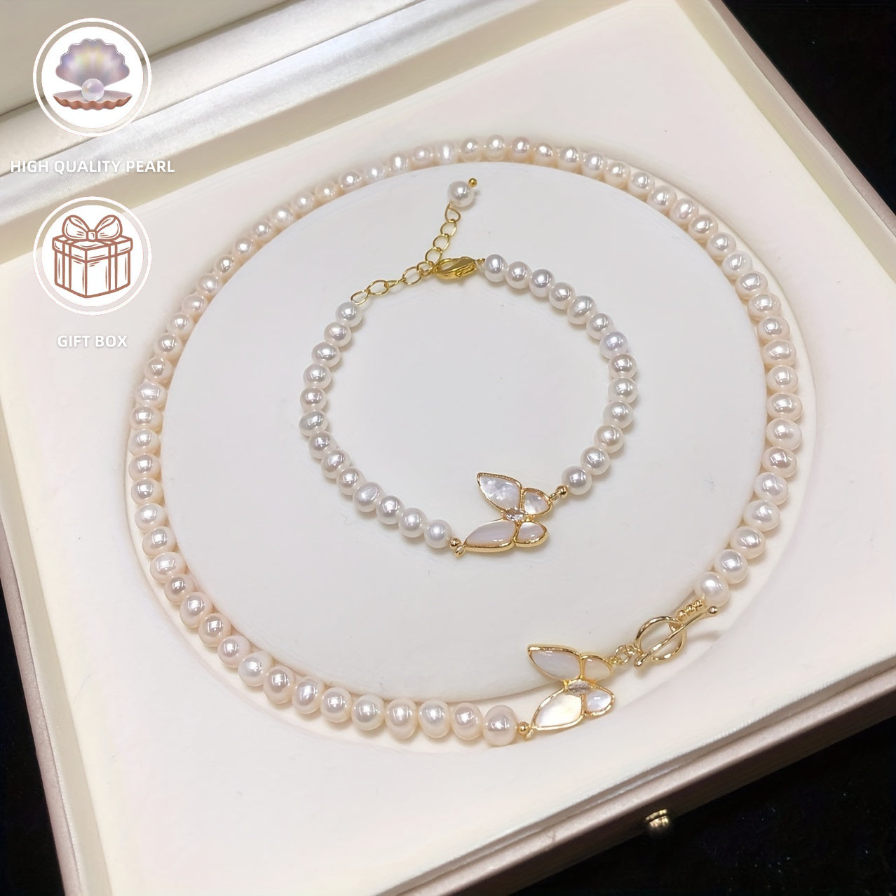 Freshwater Pearl Jewelry Set Necklace and Bracelet Boho Style for Women